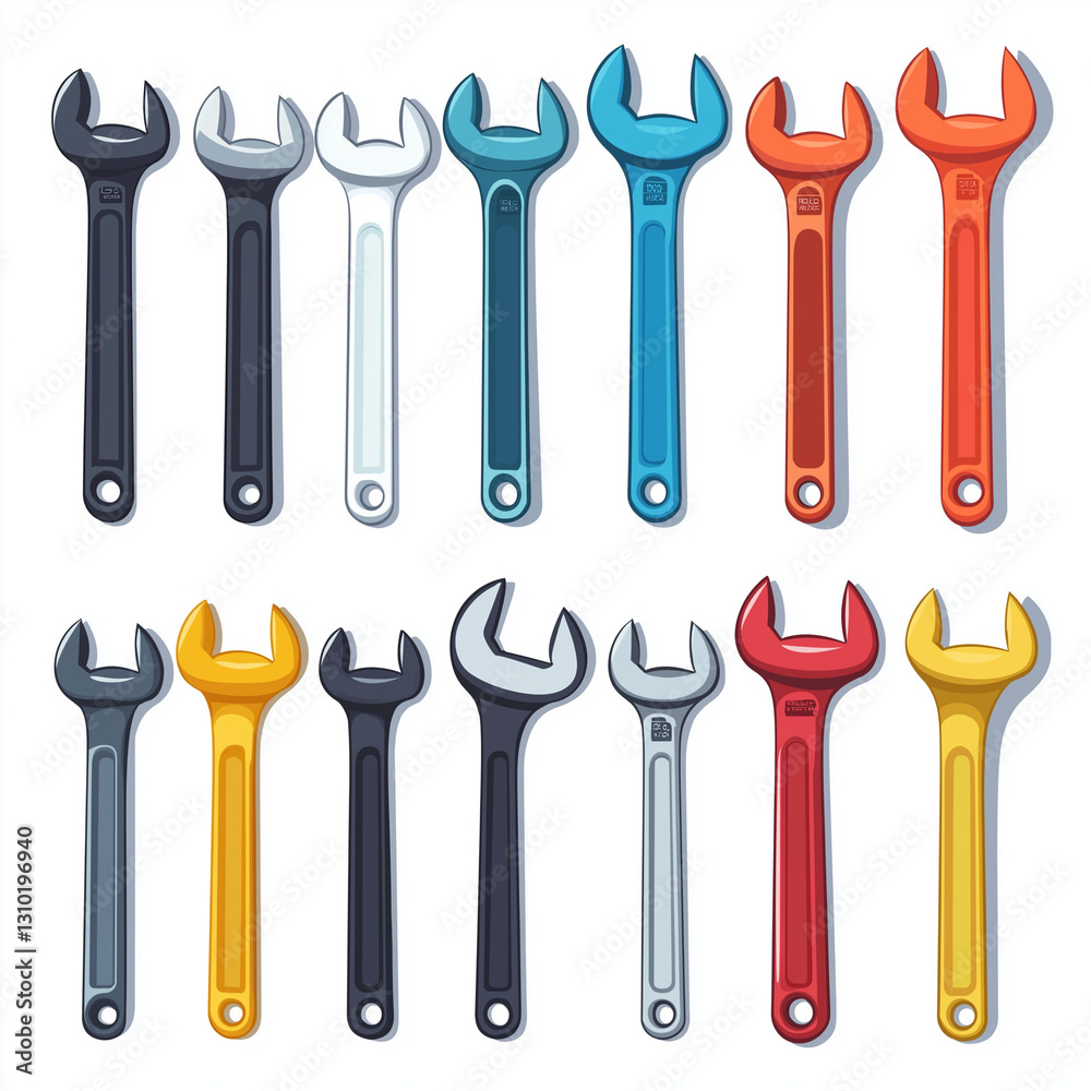 A collection of various wrenches in different sizes and colors, featuring open-end and combination designs. A versatile vector illustration perfect for mechanical, construction, and workshop themes. A collection of various wrenches in different sizes and colors, featuring open-end and combination designs. A versatile vector illustration perfect for mechanical, construction, and workshop themes.