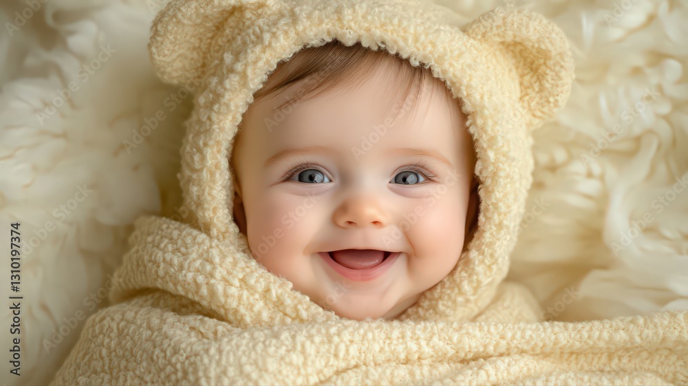 Happy Baby in Cream Hooded Towel on Fluffy Cream Background Happy Baby in Cream Hooded Towel on Fluffy Cream Background