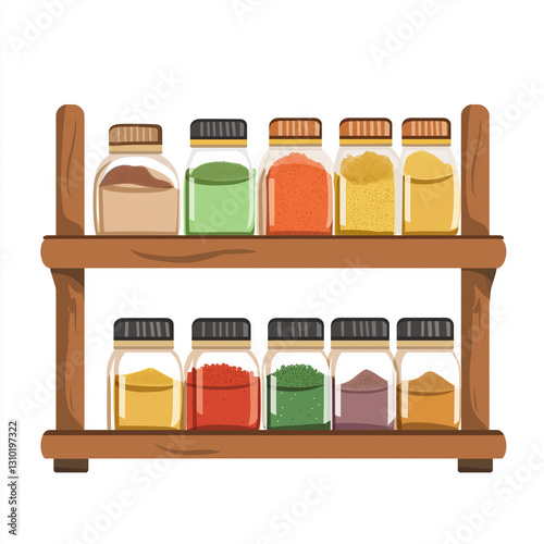 Illustration of a rustic wooden spice rack filled with colorful glass jars containing various seasonings. A charming and practical kitchen decor piece