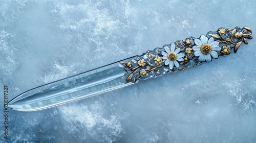 Ornate, decorative knife with crystal blade and daisy floral accents photo