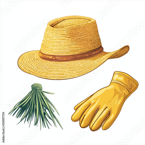 Illustration of a straw sun hat, yellow gardening gloves, and a small bunch of herbs. A perfect representation of gardening essentials