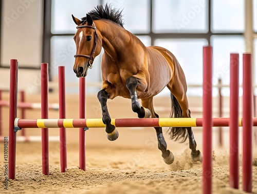 A stunning horse gracefully clears a jump in an equestrian arena, showcasing its agility and strength, surrounded by a sandy surface and bright lights.