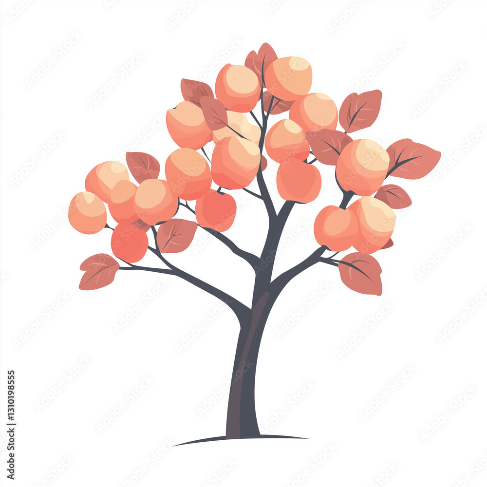 Illustration of a fruit tree with round peach-colored fruits and autumn-hued leaves, representing seasonal harvest and nature's abundance Illustration of a fruit tree with round peach-colored fruits and autumn-hued leaves, representing seasonal harvest and nature's abundance