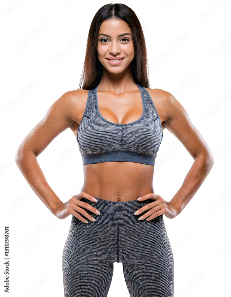 young sporty woman posing in grey sports wear
