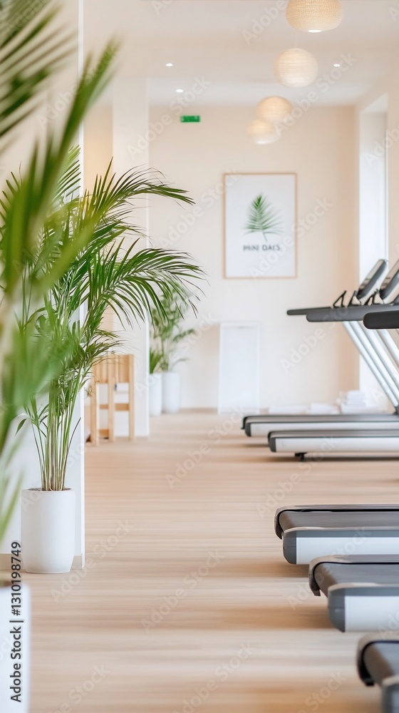 Fototapeta premium Modern gym interior, treadmills, plants