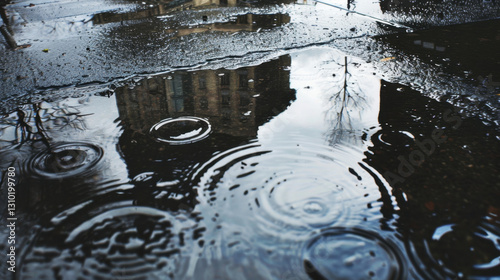 rainwater in puddles with beautiful reflections
