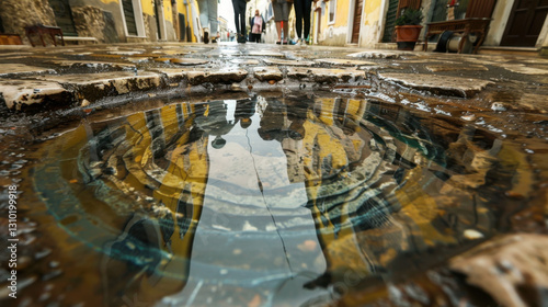 rainwater in puddles with beautiful reflections