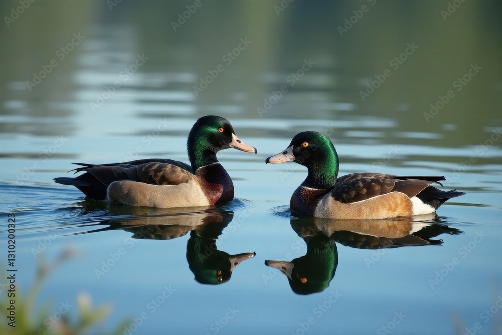 Two spot-billed ducks swim calmly on a serene lake , pair of ducks, lake scenery Two spot-billed ducks swim calmly on a serene lake , pair of ducks, lake scenery