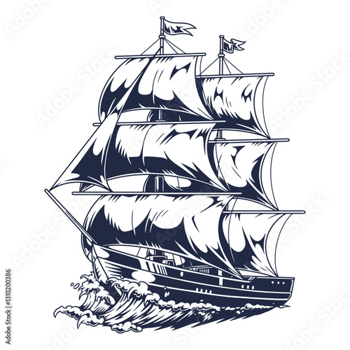 Sailing ship with billowing sails navigating waves