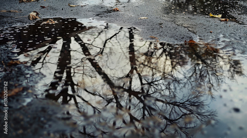 rainwater in puddles with beautiful reflections
