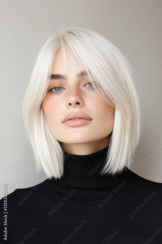 Bright blonde hair frames serene face, showcasing flawless skin Bright blonde hair frames serene face, showcasing flawless skin