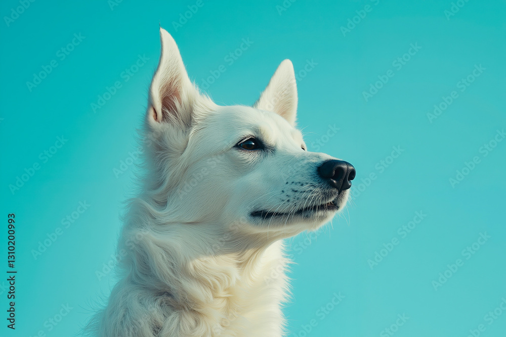 A white dog sitting in front of a blue sky A white dog sitting in front of a blue sky