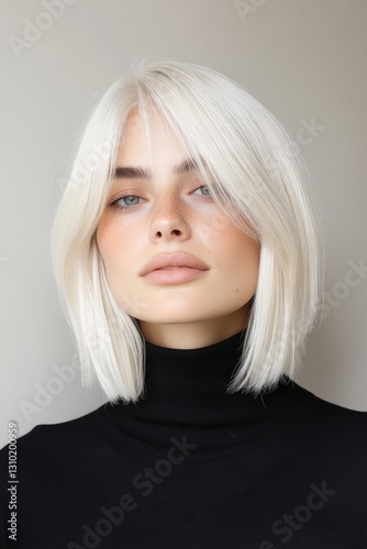 Bright blonde hair frames serene face, showcasing flawless skin