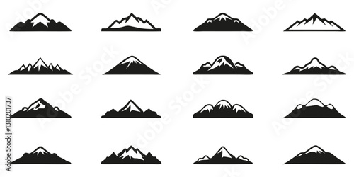Snowy Hills and Mountain Ranges Solid Icon Set. Collection of High Peaks, Volcanoes, and Rolling Hills for Outdoor and Nature Themes. Silhouette Symbol Collection. Isolated Vector Illustration