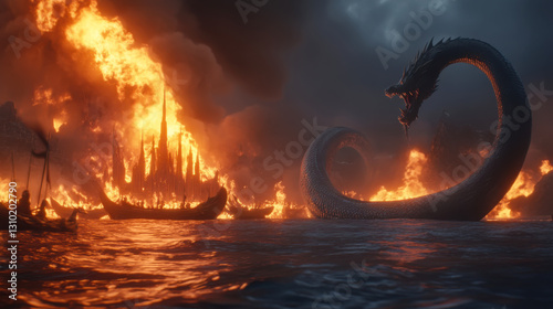 Epic ragnarok scene with flame-engulfed asgard and serpent in fiery battle