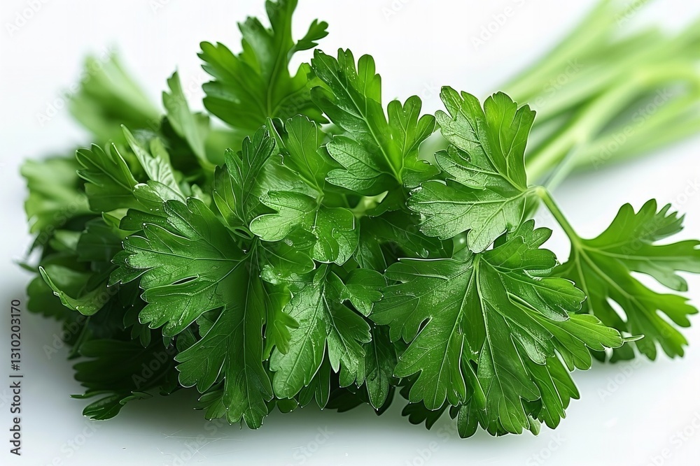 Macro Photography of Fresh Green Parsley Herb on White Background, Capturing Every Detail with Depth of Field and Focus Stacking Macro Photography of Fresh Green Parsley Herb on White Background, Capturing Every Detail with Depth of Field and Focus Stacking