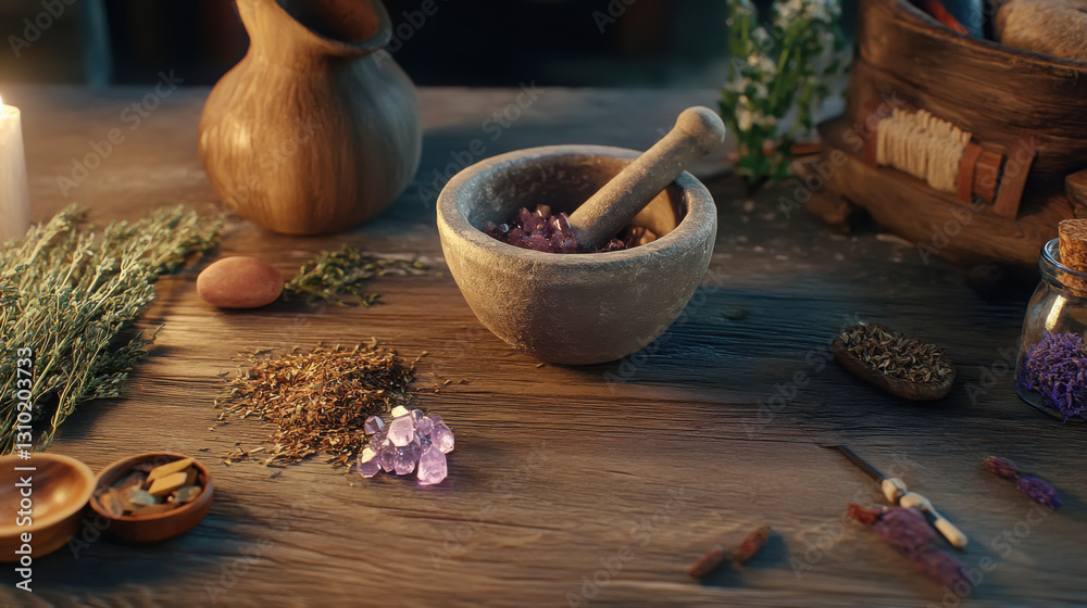 Mystical flat lay with baba yaga's mortar and magical herbs for enchanting atmosphere Mystical flat lay with baba yaga's mortar and magical herbs for enchanting atmosphere