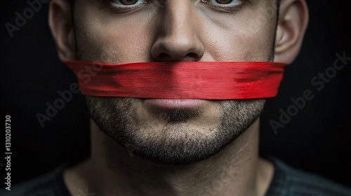 Caucasian man is silenced with red tape over his mouth, symbolizing censorship and freedom of speech