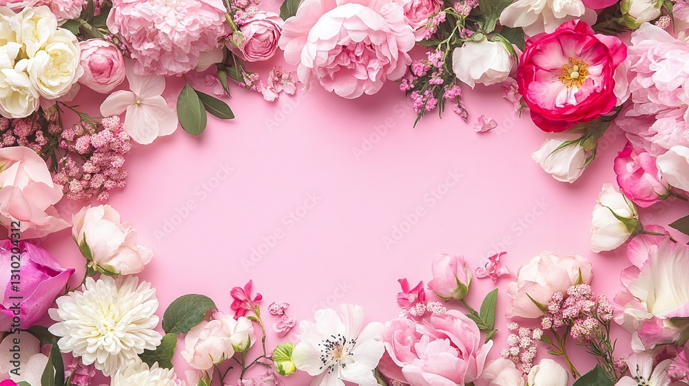 Obraz premium Vibrant floral design for international women's day celebration card, filled with pink and white spring flowers. Copy space for text