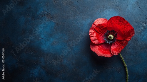 Red poppy flower on navy blue background. Symbol of Remembrance Day, Armistice Day, Anzac day