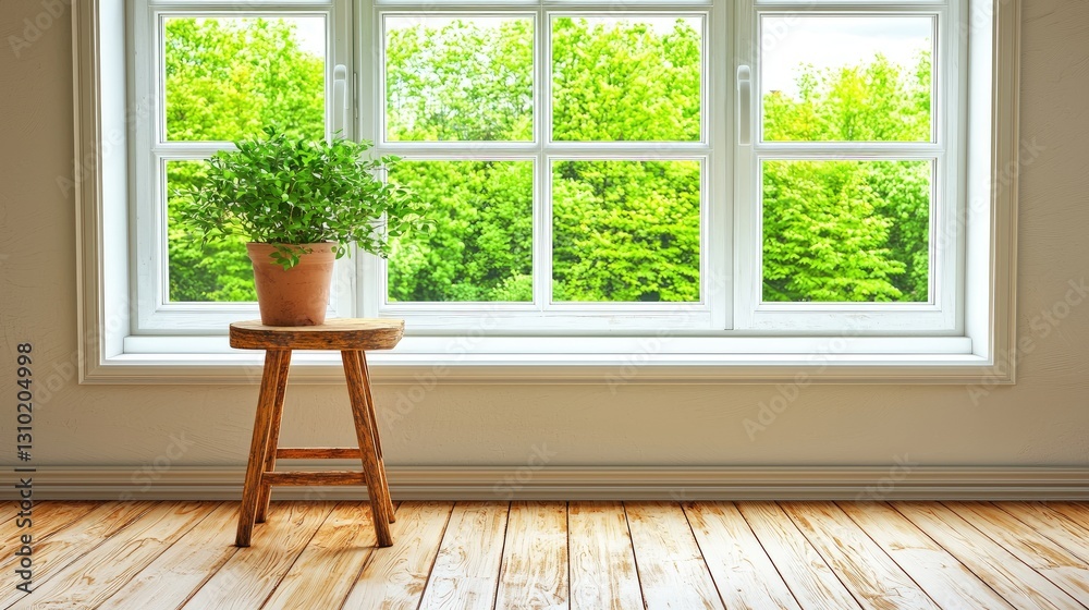 Fototapeta premium Green plant on stool by window with bright green nature background, for calm home decoration