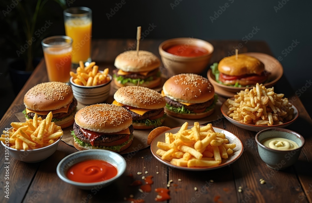Table filled with ultra processed junk food burgers, french fries, sauces, juice. High caloric content, nutritional emptiness. Unhealthy eating concept. Fast food restaurant menu. Dieting problem. Table filled with ultra processed junk food burgers, french fries, sauces, juice. High caloric content, nutritional emptiness. Unhealthy eating concept. Fast food restaurant menu. Dieting problem.