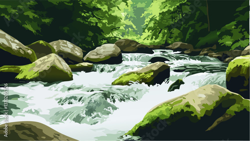 Moss-Laden Rocks in a Rushing River in Smoky Mountains