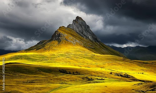 Grey Scottish day, beautiful mountain with sun lights shooting though the rain clouds 