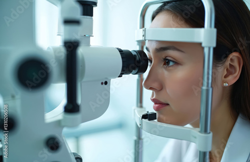 Woman checks vision through optometrist equipment in optical clinic. Eye exam, eyesight check up in ophtalmology office. Health care, dioptre measurement, equipment precision. Patient stare, photo