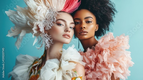 Portrait of two beautiful models in avant garde fashion dresses