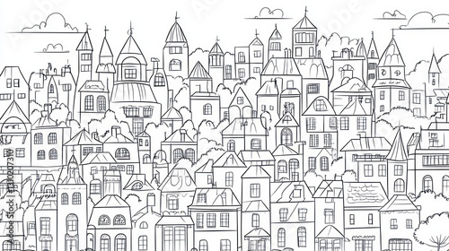 Hand-drawn cityscape illustration, background of houses, city view, artistic drawing, possible use for coloring book or wallpaper design