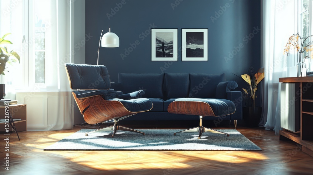 Dark blue sofa and recliner chair in scandinavian apartment. Interior design of modern living room. Created with generative Dark blue sofa and recliner chair in scandinavian apartment. Interior design of modern living room. Created with generative