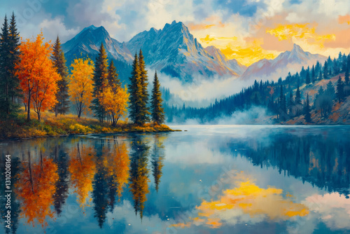 A painting of a mountain lake with trees in the foreground