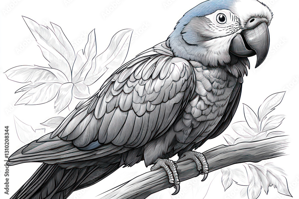 Fototapeta premium a parrot sitting on a branch, executed in a graphic style with detailed feathers. 