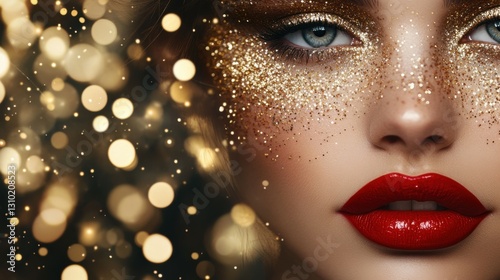 Portraite closeup of a young woman with bright red painted lips, golden sparkles and glitter on her face with bokeh background. Creative makeup and luxury style.
