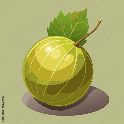 Close-up of a ripe gooseberry with green leaves against a soft backdrop