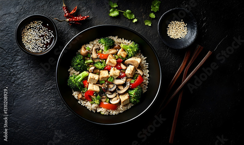 Healthy Asian bowl, top view, dark background