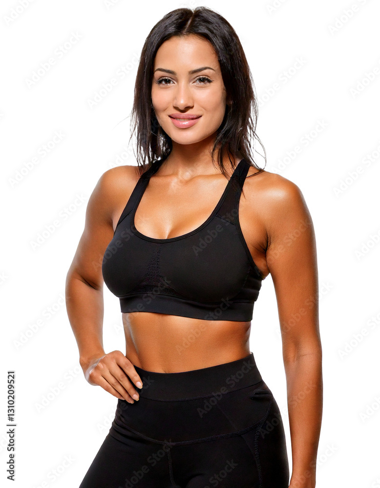 fit and sporty tanned brunette lady in black sportswear