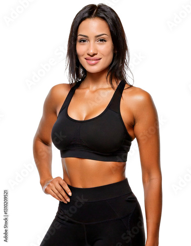 Obraz na płótnie fit and sporty tanned brunette lady in black sportswear w salonie