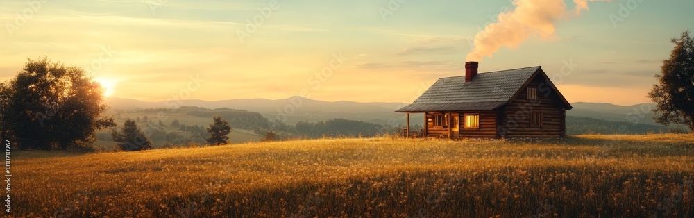 Cozy Log Cabin in Countryside with Sunset Glow Cozy Log Cabin in Countryside with Sunset Glow