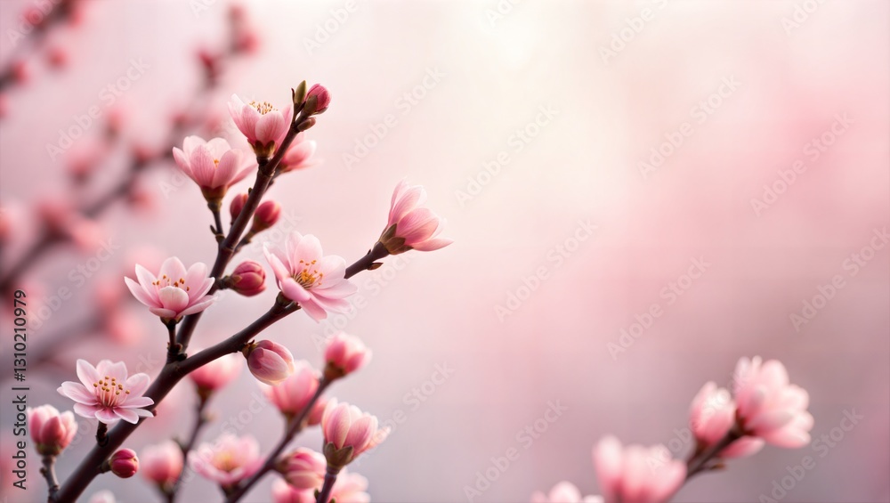 Delicate pink cherry blossoms on a branch against a soft, dreamy background. A beautiful symbol of spring.
Delicate pink cherry blossoms on a branch against a soft, dreamy background. A beautiful symbol of spring.