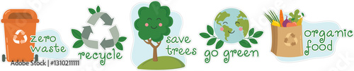 Set of eco friendly stickers isolated on white. Concept of waste sorting, recycling, organic food and care of our planet