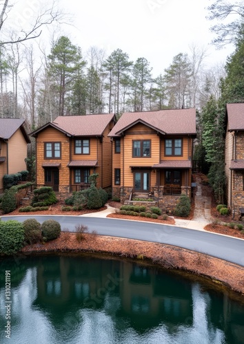 Winter homes by pond, landscaped, tranquil neighborhood