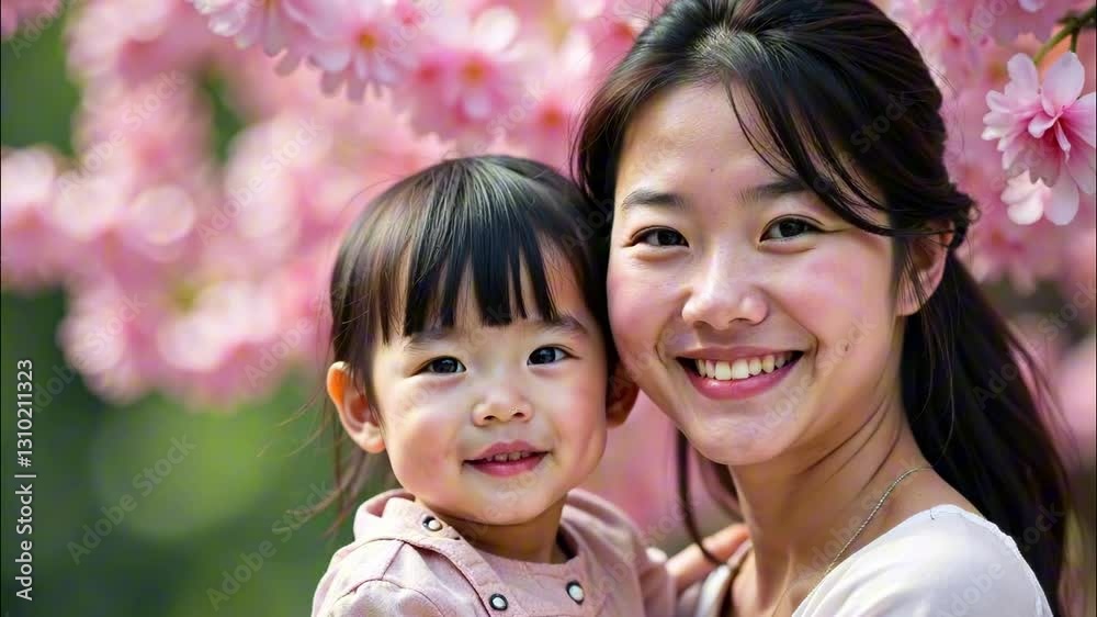 Asian Mother and child enjoying spring blossoms together in a serene garden setting Asian Mother and child enjoying spring blossoms together in a serene garden setting