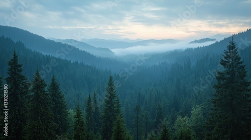 Misty mountain landscape at dawn. Rolling hills covered in a dense evergreen forest, bathed in soft blue light. Serene and tranquil nature scene.
