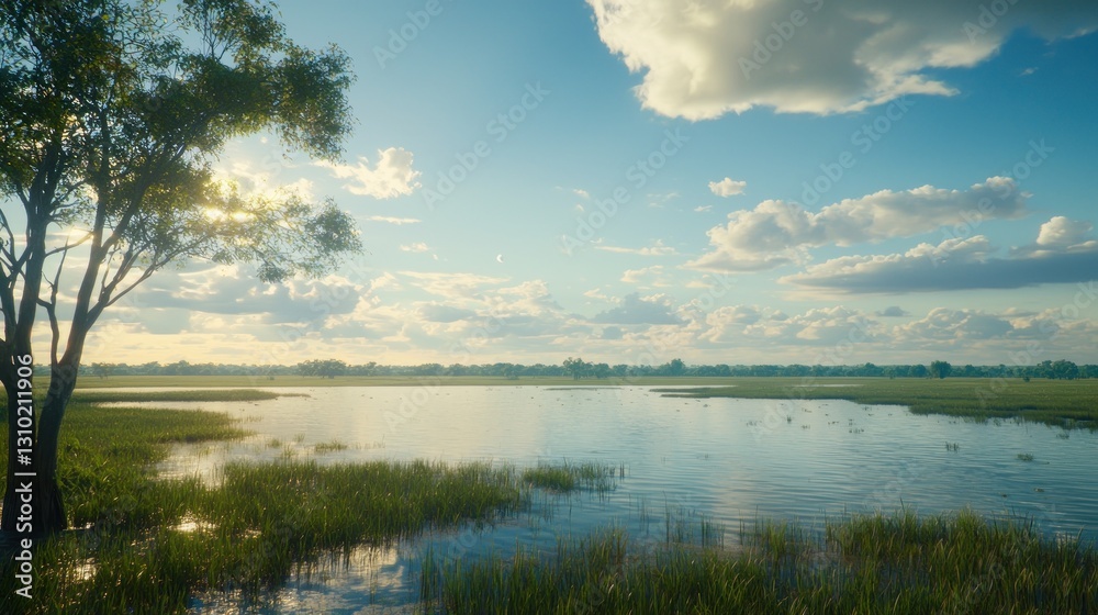Fototapeta premium Serene riverside landscape at sunrise with a lone tree