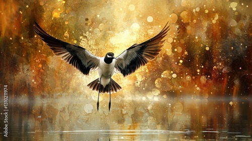A bird with its wings spread wide, soaring against a vibrant, golden abstract background. The scene is serene and full of light.