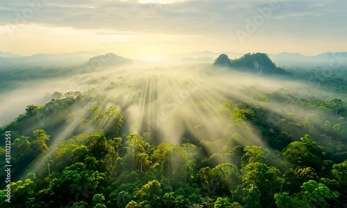 Breathtaking panorama of asian landscape, sunrise at Bali island, Massive rocks, rain forest and humid clouds, panoramic view. Travel and nature concept