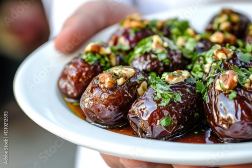 Close-up of a plate with dates stuffed with nuts and garnished with herbs, held with care for a warm and hospitable presentation