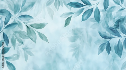 Elegant watercolor leaves in soft blue and green hues on a light, airy backdrop. Ideal for nature-themed designs and invitations.